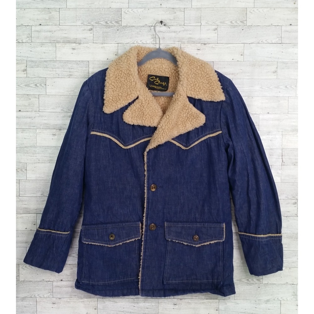 Vintage Cal Craft Western Jacket Sherpa Denim Jean Jacket Coat Blue Size Large L